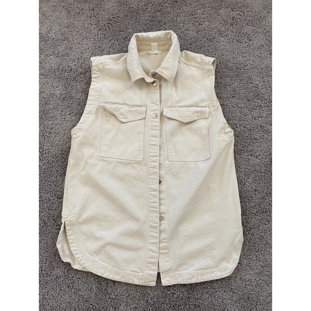 H&M Denim Shirt Women's Medium Button Up Beige Sleeveless